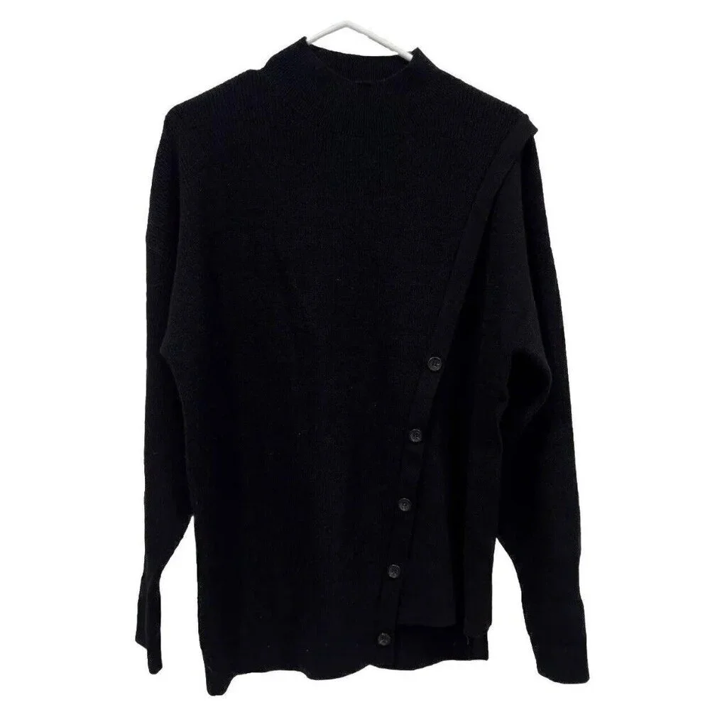 Halogen Women's Medium M Asymmetric Button‎ Mock Neck Stitch Mix Sweater Black